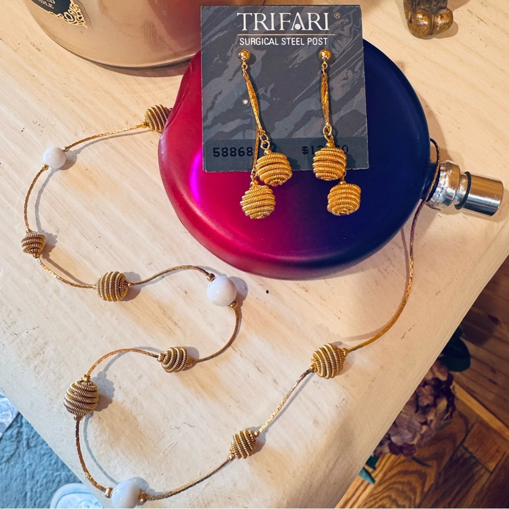 Trifari Gold Beaded Necklace and Earring Set